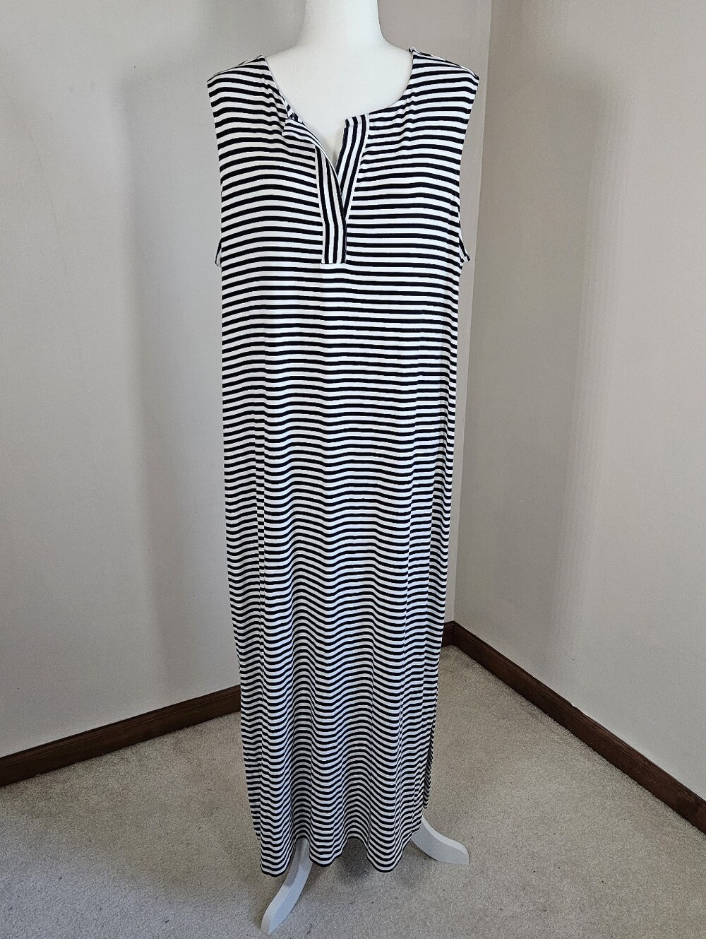 J Jill Wearever Maxi Tank Dress Sleeveless Black White Striped XL Nautical